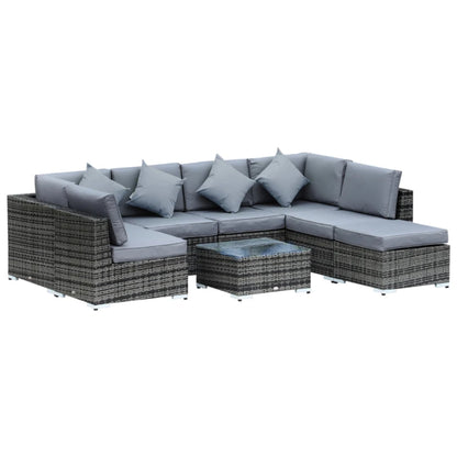 Outsunny 8 Piece Rattan Corner Sofa Set with Wide & Deep Seat, Assembled Aluminium PE Rattan Garden Furniture Set with Thick Cushions and Glass Top Table for Outdoor, Conservatory
