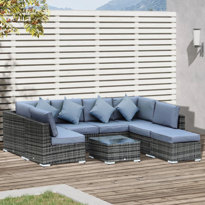 Outsunny 8 Piece Rattan Corner Sofa Set with Wide & Deep Seat, Assembled Aluminium PE Rattan Garden Furniture Set with Thick Cushions and Glass Top Table for Outdoor, Conservatory
