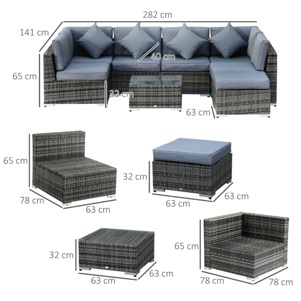 Outsunny 8 Piece Rattan Corner Sofa Set with Wide & Deep Seat, Assembled Aluminium PE Rattan Garden Furniture Set with Thick Cushions and Glass Top Table for Outdoor, Conservatory