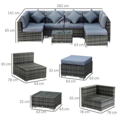 Outsunny 8 Piece Rattan Corner Sofa Set with Wide & Deep Seat, Assembled Aluminium PE Rattan Garden Furniture Set with Thick Cushions and Glass Top Table for Outdoor, Conservatory