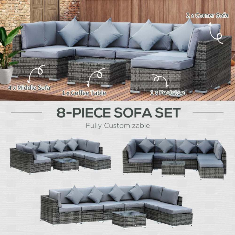 Outsunny 8 Piece Rattan Corner Sofa Set with Wide & Deep Seat, Assembled Aluminium PE Rattan Garden Furniture Set with Thick Cushions and Glass Top Table for Outdoor, Conservatory