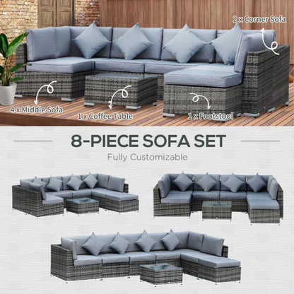 Outsunny 8 Piece Rattan Corner Sofa Set with Wide & Deep Seat, Assembled Aluminium PE Rattan Garden Furniture Set with Thick Cushions and Glass Top Table for Outdoor, Conservatory