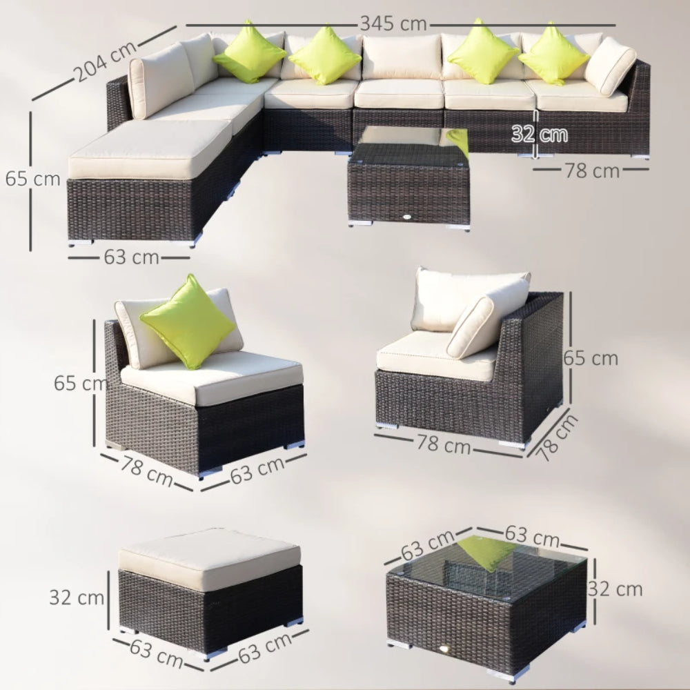 Outsunny 8 Piece Rattan Corner Sofa Set with Wide & Deep Seat, Assembled Aluminium PE Rattan Garden Furniture Set with Thick Cushions and Glass Top Table for Outdoor, Conservatory