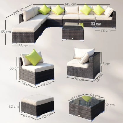 Outsunny 8 Piece Rattan Corner Sofa Set with Wide & Deep Seat, Assembled Aluminium PE Rattan Garden Furniture Set with Thick Cushions and Glass Top Table for Outdoor, Conservatory