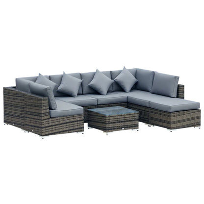 Outsunny 8 Piece Rattan Corner Sofa Set with Wide & Deep Seat, Assembled Aluminium PE Rattan Garden Furniture Set with Thick Cushions and Glass Top Table for Outdoor, Conservatory