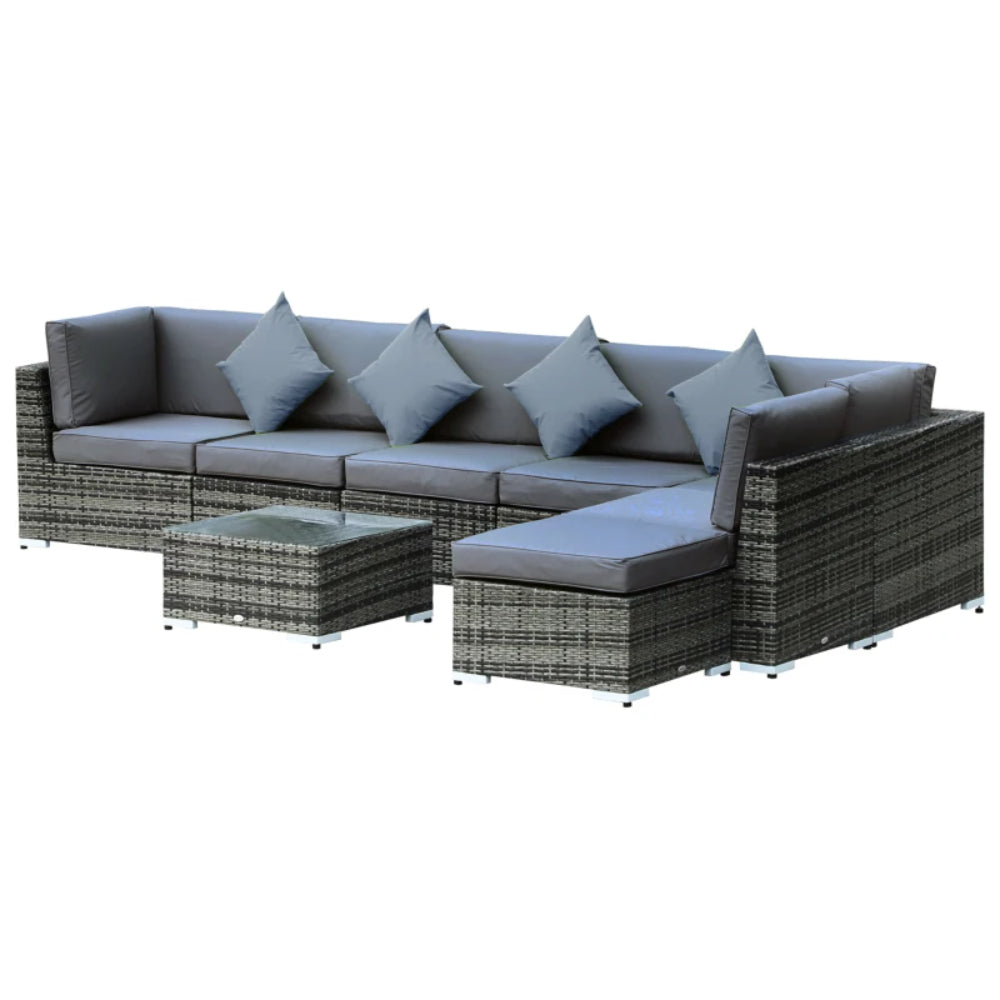 Outsunny 8 Piece Rattan Corner Sofa Set with Wide & Deep Seat, Assembled Aluminium PE Rattan Garden Furniture Set with Thick Cushions and Glass Top Table for Outdoor, Conservatory