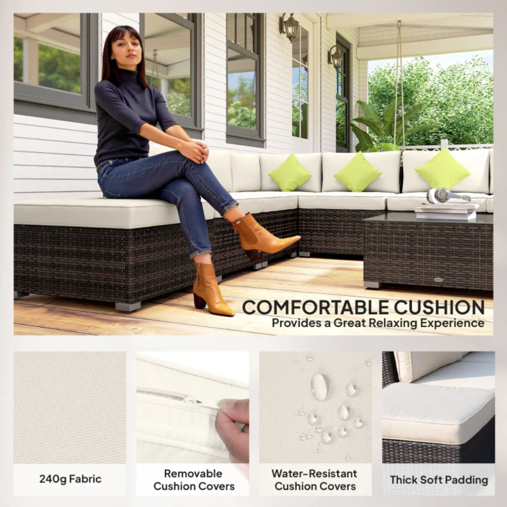 Outsunny 8 Piece Rattan Corner Sofa Set with Wide & Deep Seat, Assembled Aluminium PE Rattan Garden Furniture Set with Thick Cushions and Glass Top Table for Outdoor, Conservatory