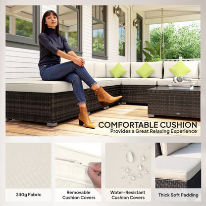 Outsunny 8 Piece Rattan Corner Sofa Set with Wide & Deep Seat, Assembled Aluminium PE Rattan Garden Furniture Set with Thick Cushions and Glass Top Table for Outdoor, Conservatory