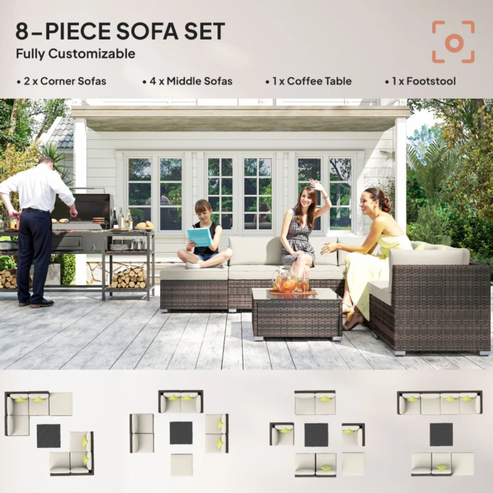 Outsunny 8 Piece Rattan Corner Sofa Set with Wide & Deep Seat, Assembled Aluminium PE Rattan Garden Furniture Set with Thick Cushions and Glass Top Table for Outdoor, Conservatory