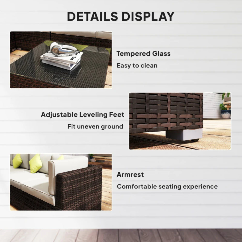 Outsunny 8 Piece Rattan Corner Sofa Set with Wide & Deep Seat, Assembled Aluminium PE Rattan Garden Furniture Set with Thick Cushions and Glass Top Table for Outdoor, Conservatory