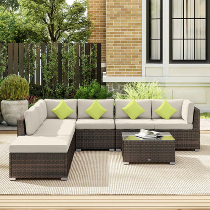 Outsunny 8 Piece Rattan Corner Sofa Set with Wide & Deep Seat, Assembled Aluminium PE Rattan Garden Furniture Set with Thick Cushions and Glass Top Table for Outdoor, Conservatory