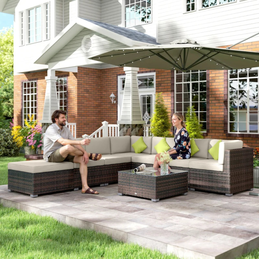 Outsunny 8 Piece Rattan Corner Sofa Set with Wide & Deep Seat, Assembled Aluminium PE Rattan Garden Furniture Set with Thick Cushions and Glass Top Table for Outdoor, Conservatory
