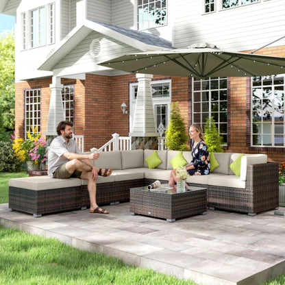 Outsunny 8 Piece Rattan Corner Sofa Set with Wide & Deep Seat, Assembled Aluminium PE Rattan Garden Furniture Set with Thick Cushions and Glass Top Table for Outdoor, Conservatory