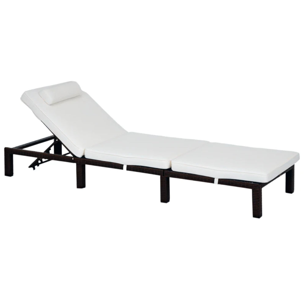 Outsunny Rattan Sun Lounger, 5-Level Adjustable Garden Lounger Recliner with Cushion and Headrest, Outdoor Reclining Sunbed, Steel Frame Garden Chair for Patio, Beach, Terrace, Cream White