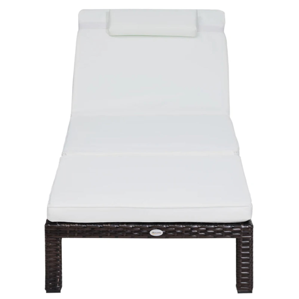 Outsunny Rattan Sun Lounger, 5-Level Adjustable Garden Lounger Recliner with Cushion and Headrest, Outdoor Reclining Sunbed, Steel Frame Garden Chair for Patio, Beach, Terrace, Cream White