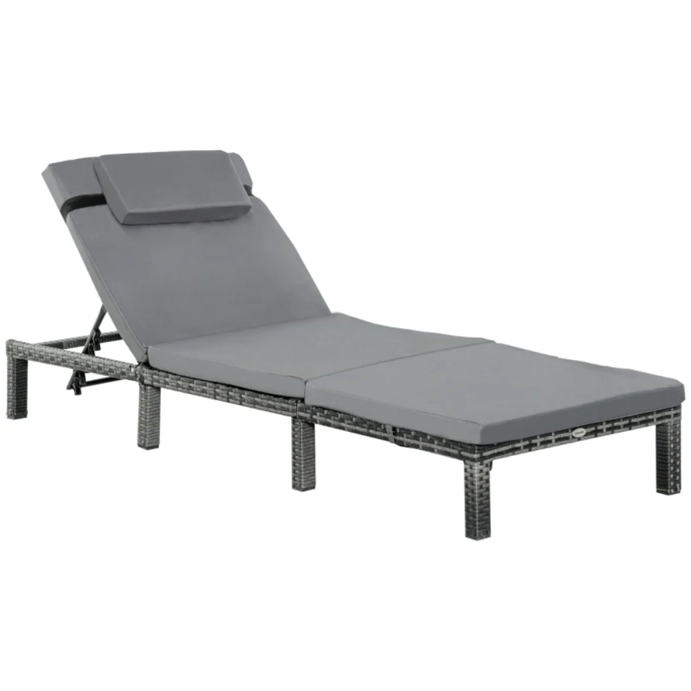 Outsunny Rattan Sun Lounger, 5-Level Adjustable Garden Lounger Recliner with Cushion and Headrest, Outdoor Reclining Sunbed, Steel Frame Garden Chair for Patio, Beach, Terrace, Dark Grey