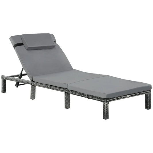 Outsunny Rattan Sun Lounger, 5-Level Adjustable Garden Lounger Recliner with Cushion and Headrest, Outdoor Reclining Sunbed, Steel Frame Garden Chair for Patio, Beach, Terrace, Dark Grey
