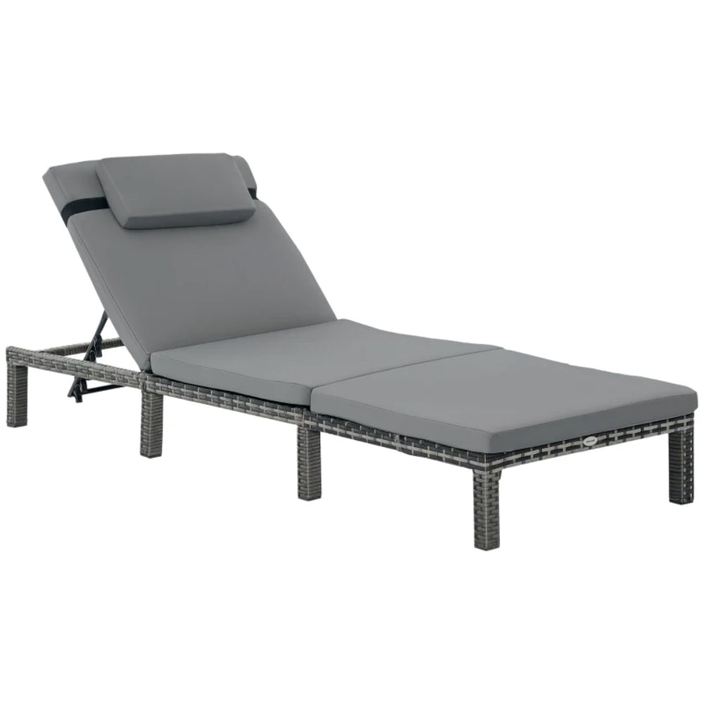 Outsunny Rattan Sun Lounger, 5-Level Adjustable Garden Lounger Recliner with Cushion and Headrest, Outdoor Reclining Sunbed, Steel Frame Garden Chair for Patio, Beach, Terrace, Dark Grey