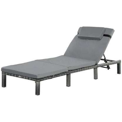 Outsunny Rattan Sun Lounger, 5-Level Adjustable Garden Lounger Recliner with Cushion and Headrest, Outdoor Reclining Sunbed, Steel Frame Garden Chair for Patio, Beach, Terrace, Dark Grey