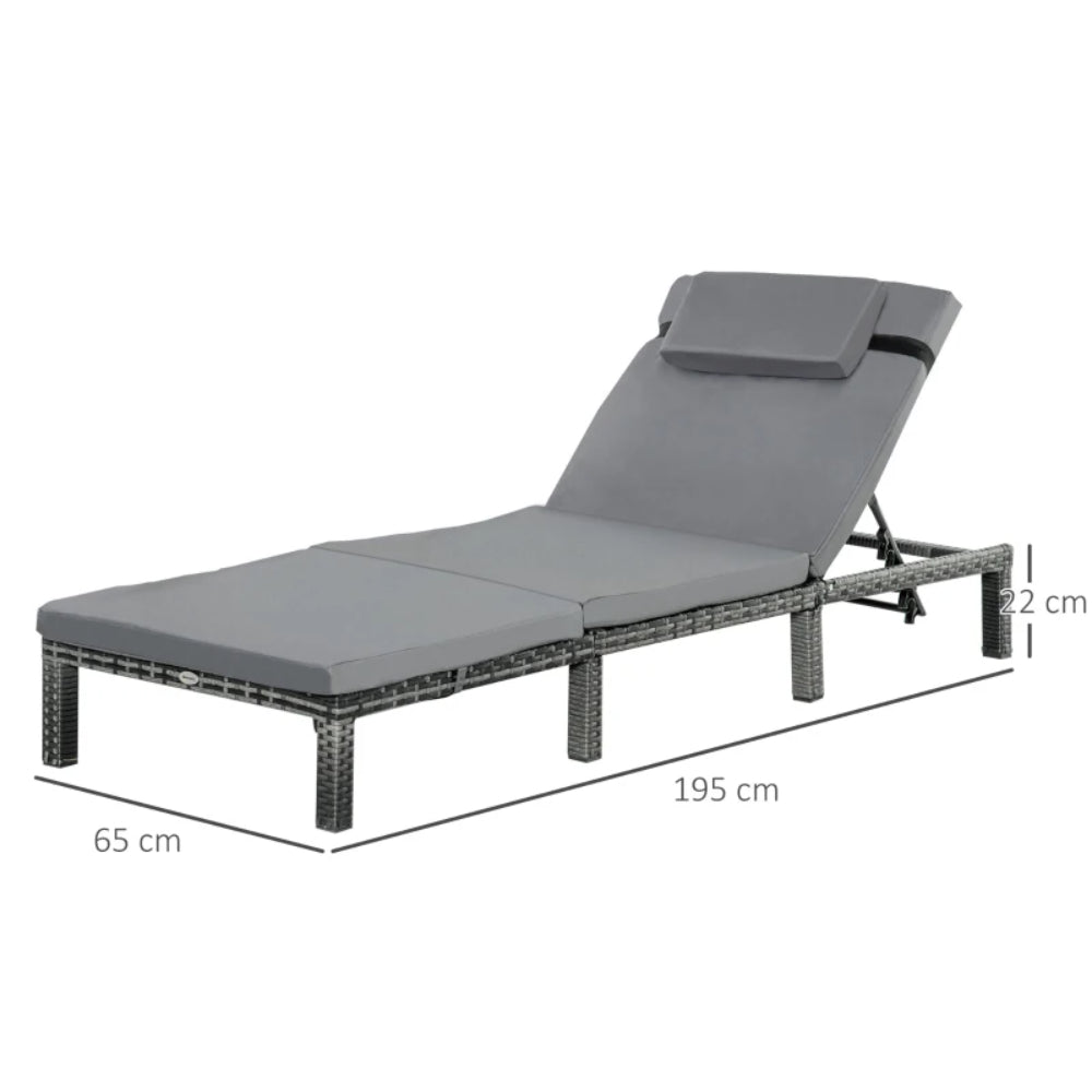 Outsunny Rattan Sun Lounger, 5-Level Adjustable Garden Lounger Recliner with Cushion and Headrest, Outdoor Reclining Sunbed, Steel Frame Garden Chair for Patio, Beach, Terrace, Dark Grey