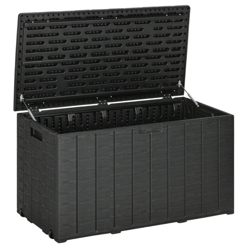 Outsunny 336 Litre Garden Storage Box, Water-resistant Heavy Duty Double Wall Plastic Container, Extra Large Outdoor Garden Furniture Organizer, Deck Cushion Chest with Wheels and Handles, Black