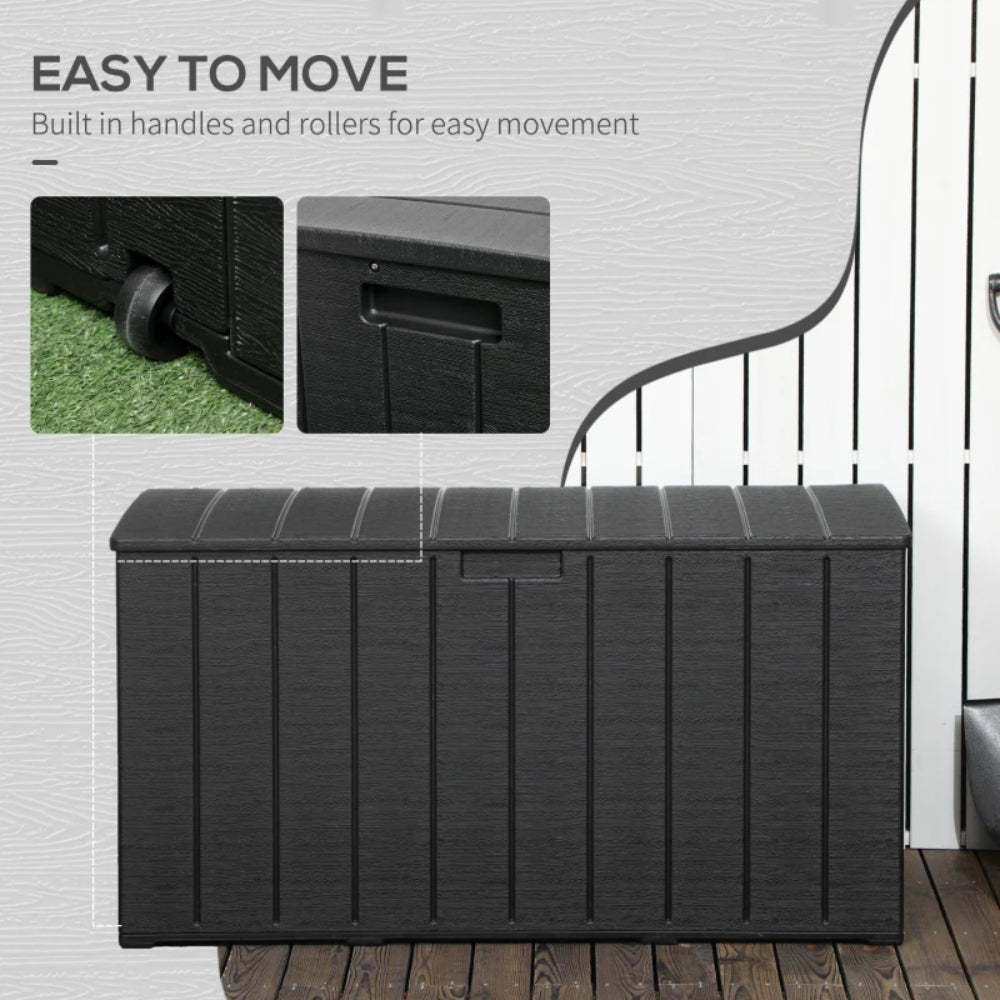 Outsunny 336 Litre Garden Storage Box, Water-resistant Heavy Duty Double Wall Plastic Container, Extra Large Outdoor Garden Furniture Organizer, Deck Cushion Chest with Wheels and Handles, Black