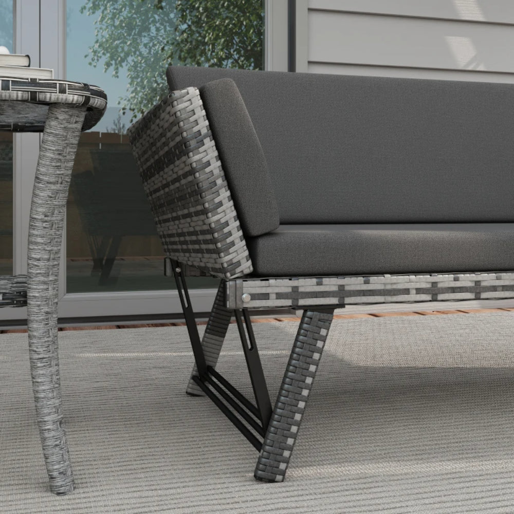 Outsunny 2 Seater Rattan Sofa with Cushions, 2-in-1 PE Rattan Daybed Sofa with Left Up or Down Armrests, Garden Chaise Lounger Loveseat for Outdoor, Patio, Mixed Grey