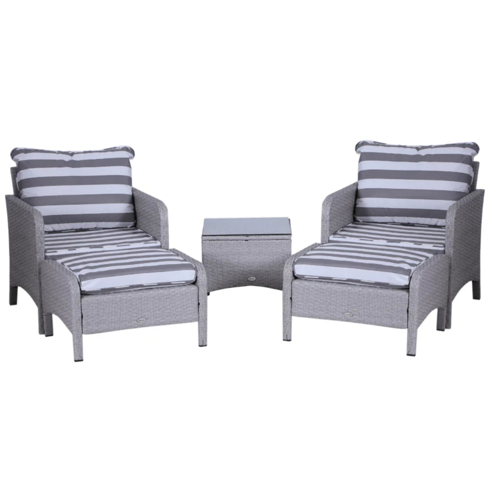 Outsunny 5 Pieces PE Rattan Garden Furniture Set with 10cm Thick Padded Cushions, Wicker Weave Outdoor Seating Chairs with 2 Armchairs, 2 Stools, Glass Top Table, Grey and White