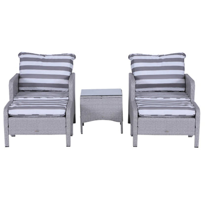 Outsunny 5 Pieces PE Rattan Garden Furniture Set with 10cm Thick Padded Cushions, Wicker Weave Outdoor Seating Chairs with 2 Armchairs, 2 Stools, Glass Top Table, Grey and White
