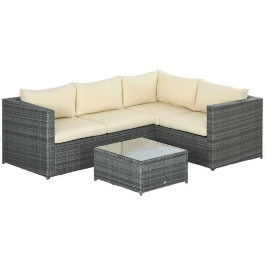 Outsunny 3 Pieces PE Rattan Garden Furniture Set with 10 cm Thick Cushions, 4 Seater Garden Corner Sofa Set with Glass Top Coffee Table, Outdoor Furniture for Patio, Porch