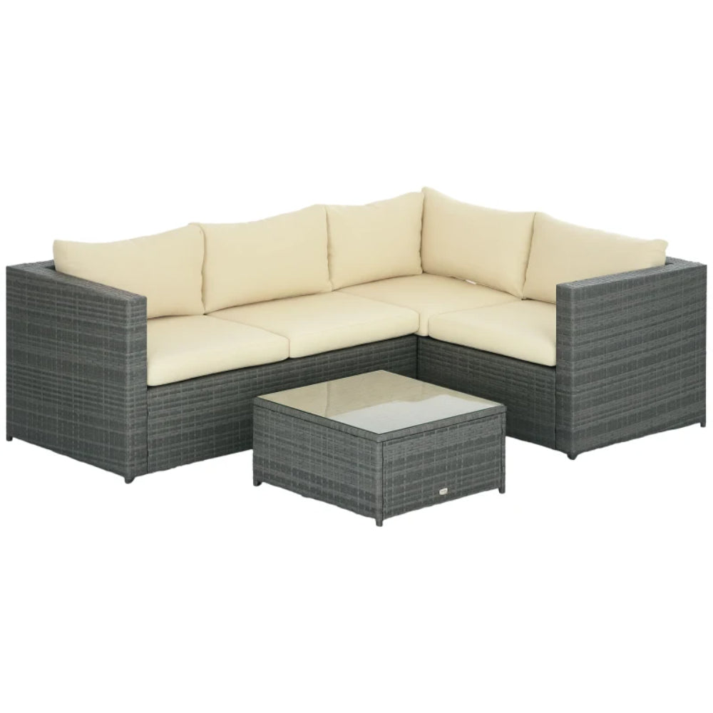 Outsunny 3 Pieces PE Rattan Garden Furniture Set with 10 cm Thick Cushions, 4 Seater Garden Corner Sofa Set with Glass Top Coffee Table, Outdoor Furniture for Patio, Porch