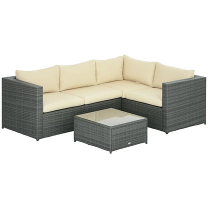 Outsunny 3 Pieces PE Rattan Garden Furniture Set with 10 cm Thick Cushions, 4 Seater Garden Corner Sofa Set with Glass Top Coffee Table, Outdoor Furniture for Patio, Porch
