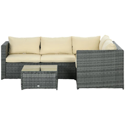 Outsunny 3 Pieces PE Rattan Garden Furniture Set with 10 cm Thick Cushions, 4 Seater Garden Corner Sofa Set with Glass Top Coffee Table, Outdoor Furniture for Patio, Porch