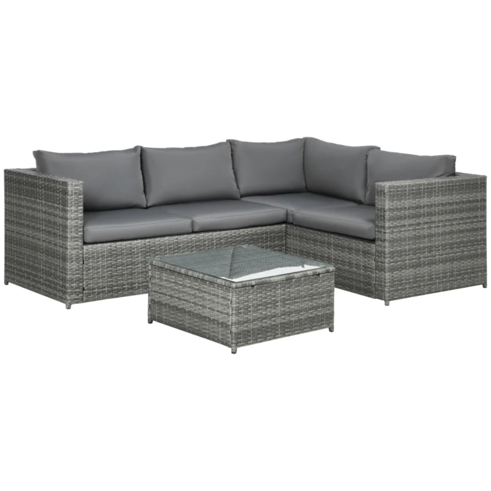 Outsunny 3 Pieces PE Rattan Garden Furniture Set with 10 cm Thick Cushions, 4 Seater Garden Corner Sofa Set with Glass Top Coffee Table, Outdoor Furniture for Patio, Porch