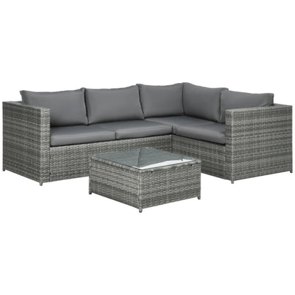 Outsunny 3 Pieces PE Rattan Garden Furniture Set with 10 cm Thick Cushions, 4 Seater Garden Corner Sofa Set with Glass Top Coffee Table, Outdoor Furniture for Patio, Porch