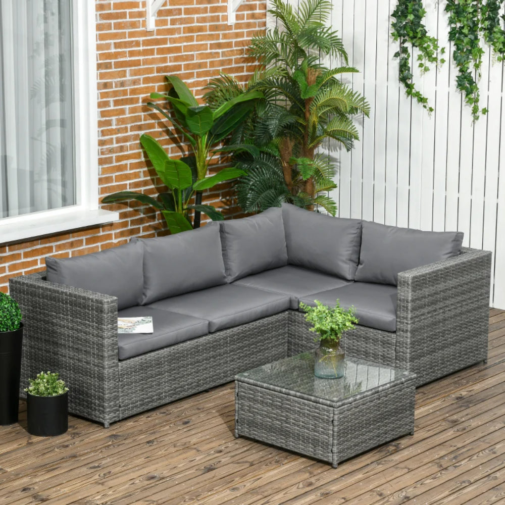 Outsunny 3 Pieces PE Rattan Garden Furniture Set with 10 cm Thick Cushions, 4 Seater Garden Corner Sofa Set with Glass Top Coffee Table, Outdoor Furniture for Patio, Porch