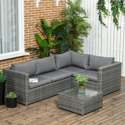Outsunny 3 Pieces PE Rattan Garden Furniture Set with 10 cm Thick Cushions, 4 Seater Garden Corner Sofa Set with Glass Top Coffee Table, Outdoor Furniture for Patio, Porch
