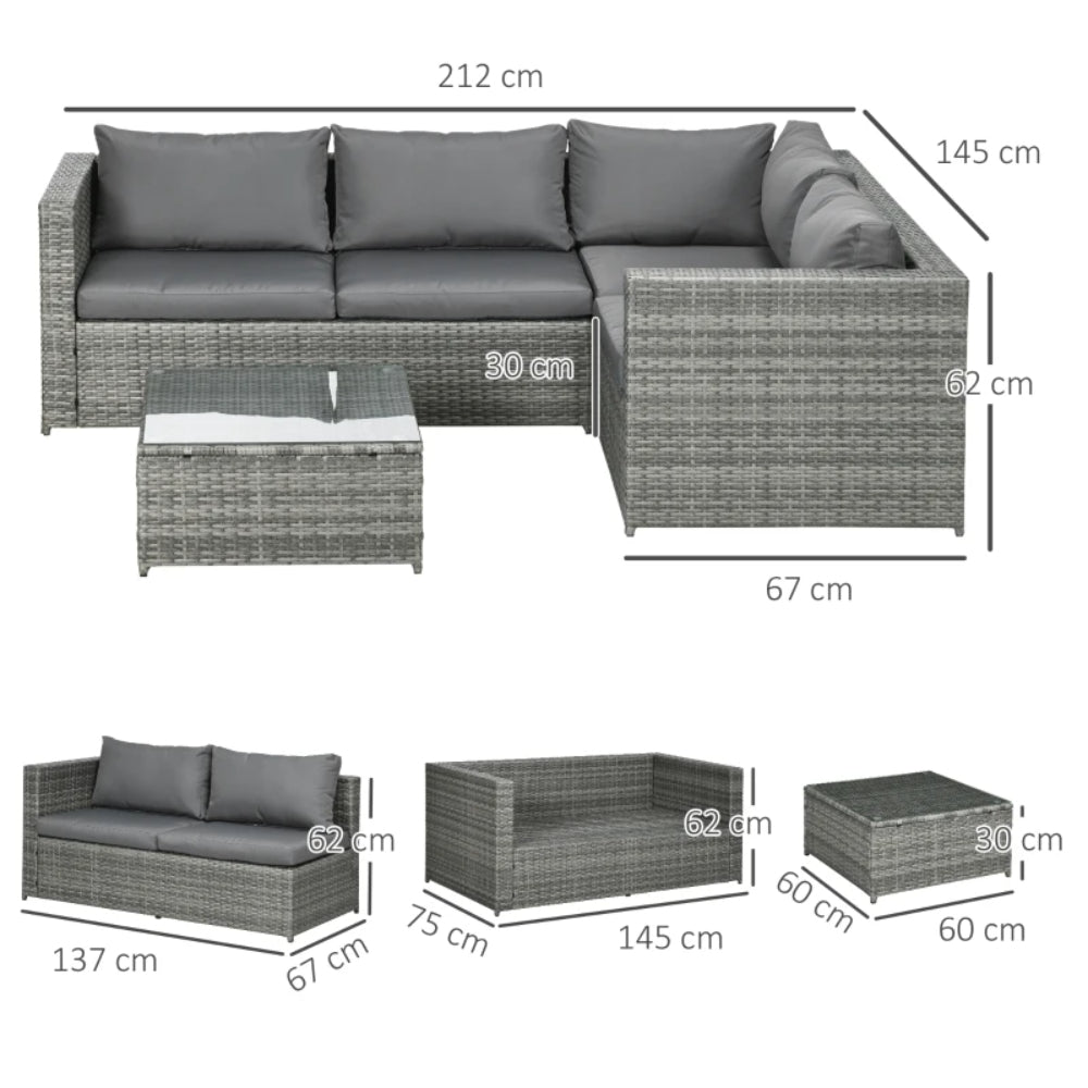 Outsunny 3 Pieces PE Rattan Garden Furniture Set with 10 cm Thick Cushions, 4 Seater Garden Corner Sofa Set with Glass Top Coffee Table, Outdoor Furniture for Patio, Porch