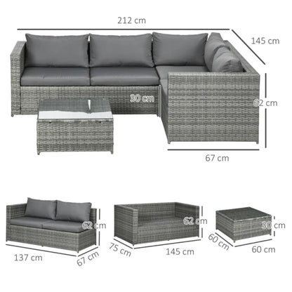 Outsunny 3 Pieces PE Rattan Garden Furniture Set with 10 cm Thick Cushions, 4 Seater Garden Corner Sofa Set with Glass Top Coffee Table, Outdoor Furniture for Patio, Porch