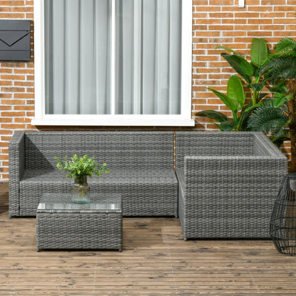 Outsunny 3 Pieces PE Rattan Garden Furniture Set with 10 cm Thick Cushions, 4 Seater Garden Corner Sofa Set with Glass Top Coffee Table, Outdoor Furniture for Patio, Porch