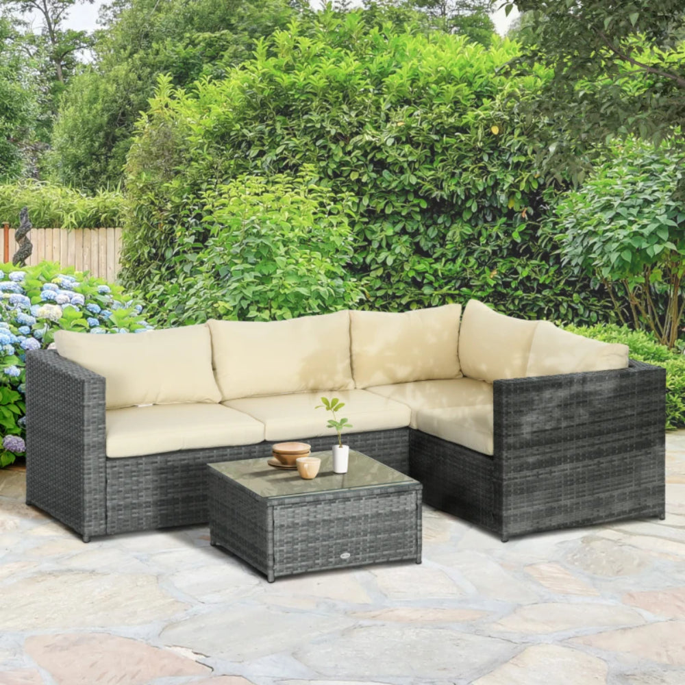 Outsunny 3 Pieces PE Rattan Garden Furniture Set with 10 cm Thick Cushions, 4 Seater Garden Corner Sofa Set with Glass Top Coffee Table, Outdoor Furniture for Patio, Porch