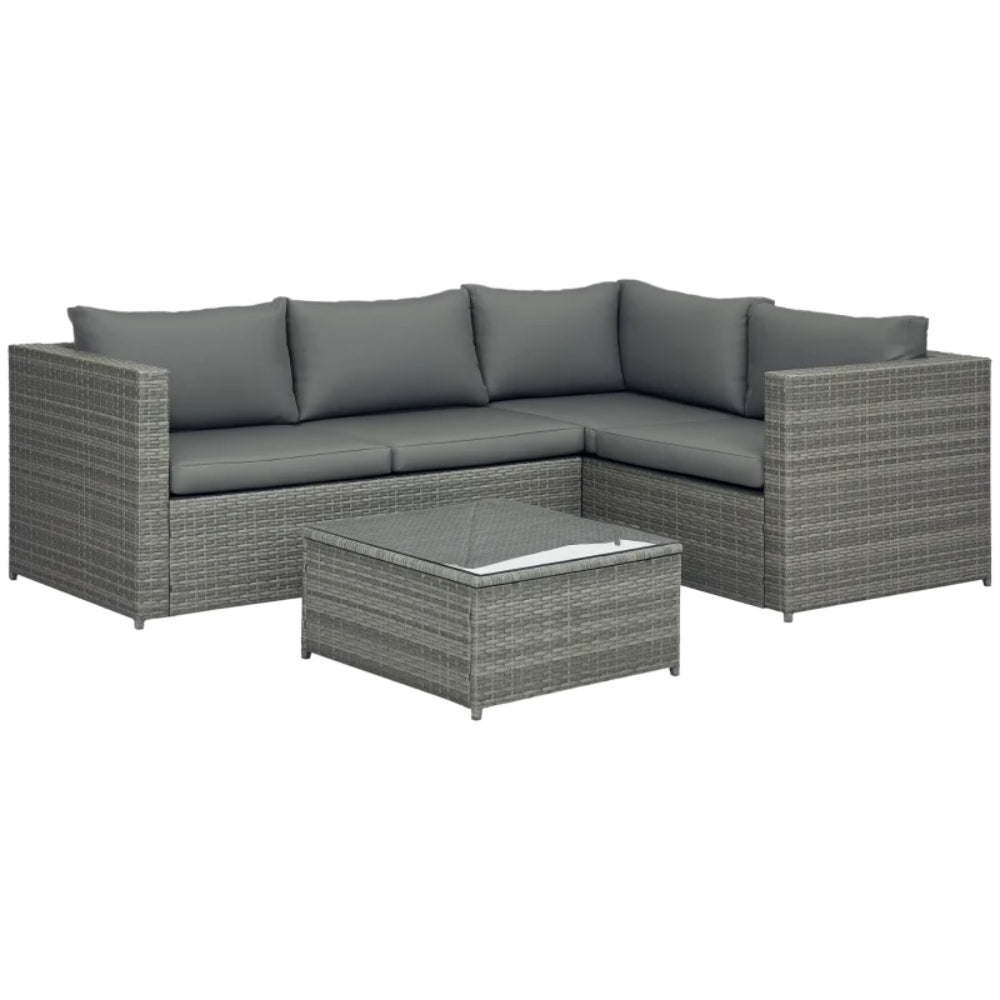 Outsunny 3 Pieces PE Rattan Garden Furniture Set with 10 cm Thick Cushions, 4 Seater Garden Corner Sofa Set with Glass Top Coffee Table, Outdoor Furniture for Patio, Porch
