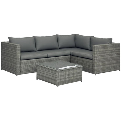 Outsunny 3 Pieces PE Rattan Garden Furniture Set with 10 cm Thick Cushions, 4 Seater Garden Corner Sofa Set with Glass Top Coffee Table, Outdoor Furniture for Patio, Porch