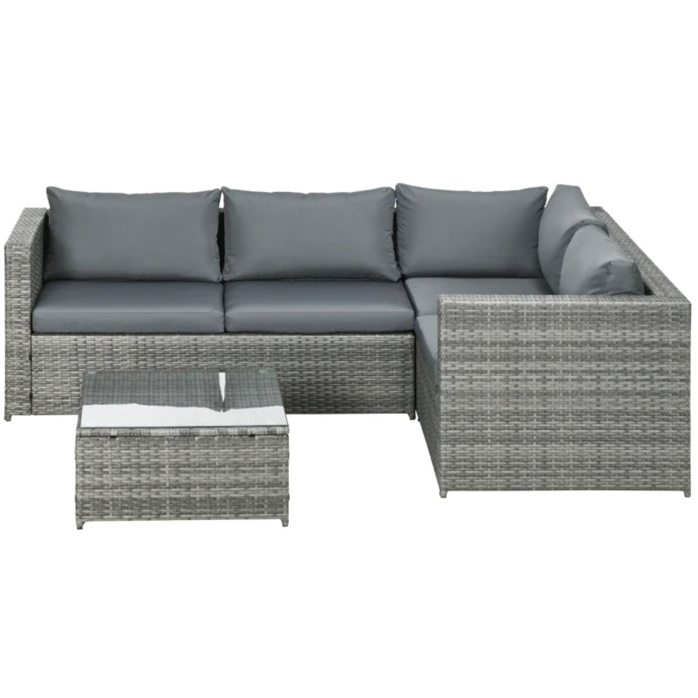 Outsunny 3 Pieces PE Rattan Garden Furniture Set with 10 cm Thick Cushions, 4 Seater Garden Corner Sofa Set with Glass Top Coffee Table, Outdoor Furniture for Patio, Porch