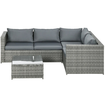 Outsunny 3 Pieces PE Rattan Garden Furniture Set with 10 cm Thick Cushions, 4 Seater Garden Corner Sofa Set with Glass Top Coffee Table, Outdoor Furniture for Patio, Porch