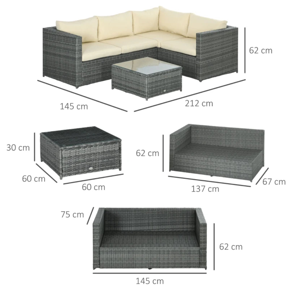 Outsunny 3 Pieces PE Rattan Garden Furniture Set with 10 cm Thick Cushions, 4 Seater Garden Corner Sofa Set with Glass Top Coffee Table, Outdoor Furniture for Patio, Porch