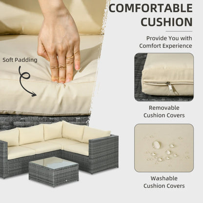 Outsunny 3 Pieces PE Rattan Garden Furniture Set with 10 cm Thick Cushions, 4 Seater Garden Corner Sofa Set with Glass Top Coffee Table, Outdoor Furniture for Patio, Porch