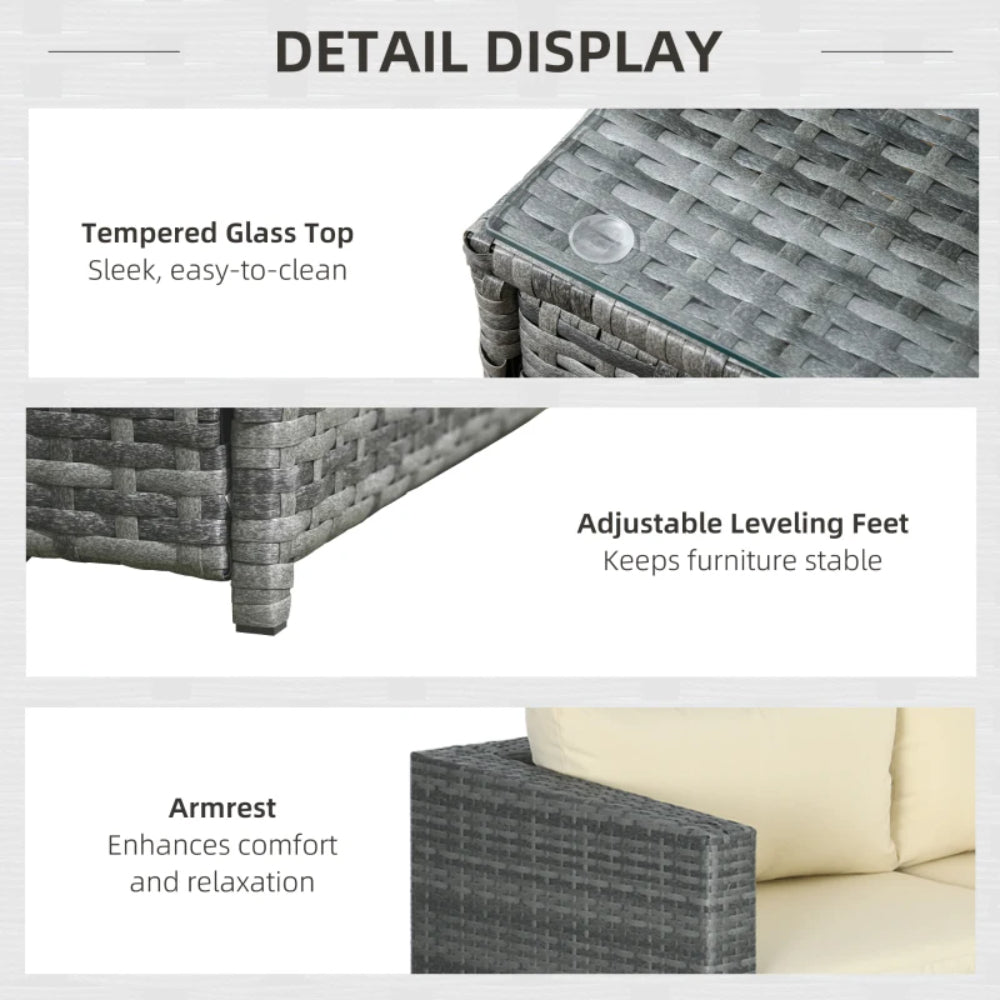 Outsunny 3 Pieces PE Rattan Garden Furniture Set with 10 cm Thick Cushions, 4 Seater Garden Corner Sofa Set with Glass Top Coffee Table, Outdoor Furniture for Patio, Porch
