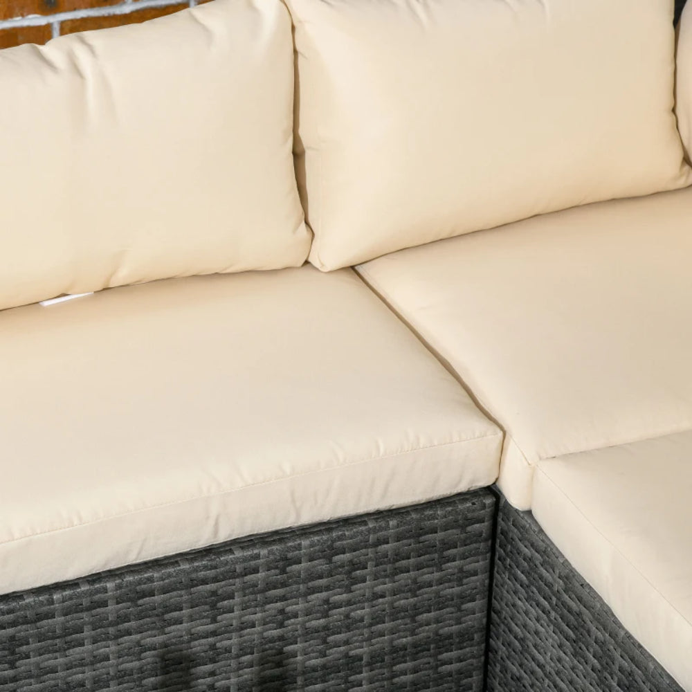 Outsunny 3 Pieces PE Rattan Garden Furniture Set with 10 cm Thick Cushions, 4 Seater Garden Corner Sofa Set with Glass Top Coffee Table, Outdoor Furniture for Patio, Porch