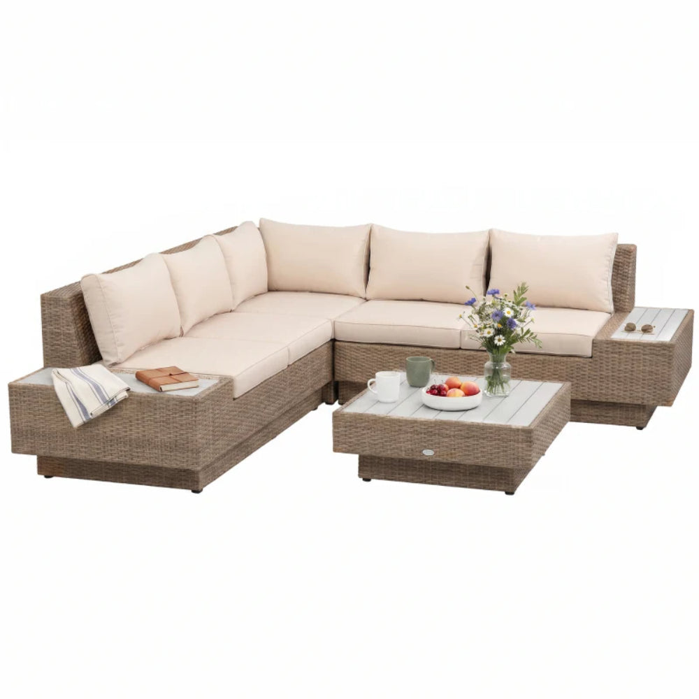 Outsunny 4 Pieces Rattan Garden Furniture Set, Garden Corner Sofa with Side Trays, Wicker Conservatory Furniture Set with Loveseats, Slatted Plastic Top Coffee Table and Cushions, Beige